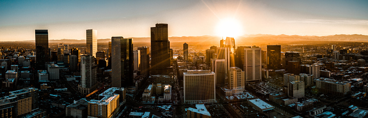 A beautiful drone photo of Denver Colorado skyline at sunset