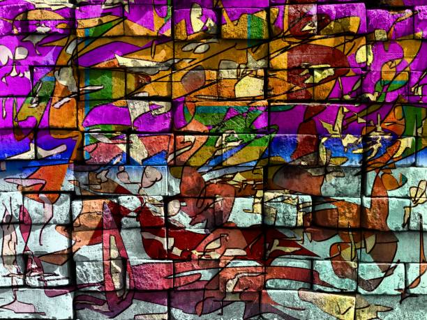 Colorful mysterious abstraction. Virtual graffiti. Abstract drawing painted on a photo of a brick wall. stock photo