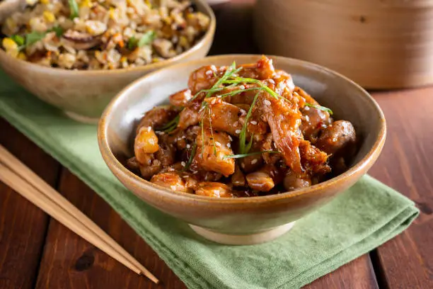 Healthy Sesame Chicken with Mushroom and Cabbage Fried Rice
