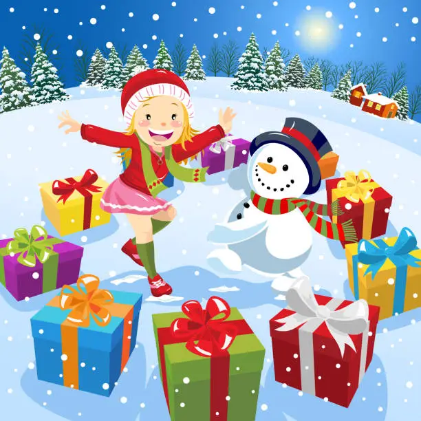 Vector illustration of Teenage Girl Dancing With Snowman