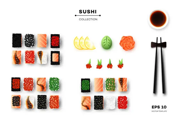 Vector illustration of Collection Of Different Sushi Rolls, Chopsticks, Wasabi, Ginger And Sauce. Promotional Template. Top View Vector Food Design