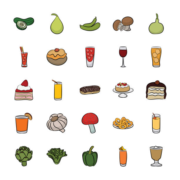 illustrazioni stock, clip art, cartoni animati e icone di tendenza di set di vettori di icone alimentari disegnate a mano - white gourd