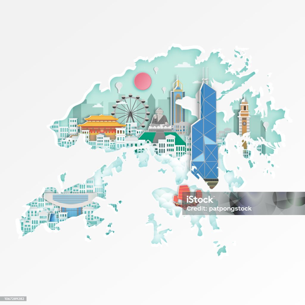 Famous Hongkong landmark on map for travel poster,Hongkong in paper art style. Hong Kong stock vector