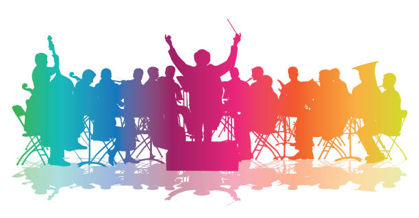 A Rainbow Of Harmony Rainbow coloured silhouette of an orchestra music performance orchestra stock illustrations