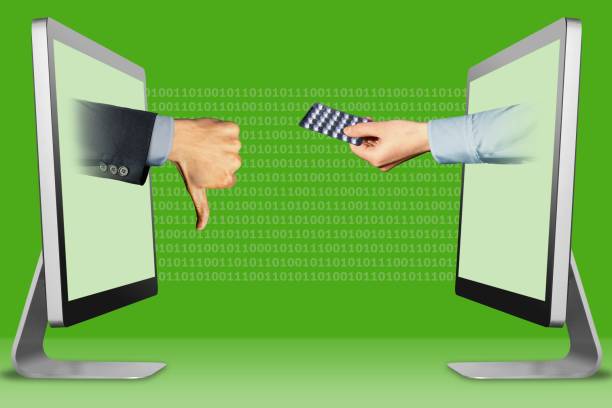 istock commerce concept, two hands from monitors. thumbs down, dislike and hand with medicine pills . 3d illustration 1067299904