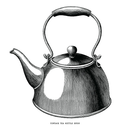 Vintage tea kettle hand draw engraving illustration black and white isolated on white background