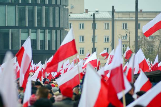 istock Patriotic manifestation with flags and flares 1067306158
