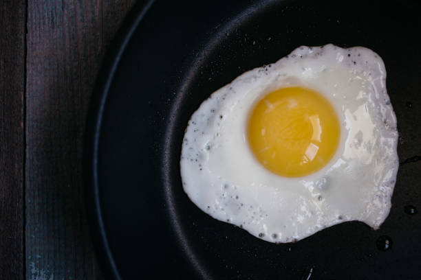 istock fried eggs in a frying pan on a wooden table, Breakfast, top view 1067309870
