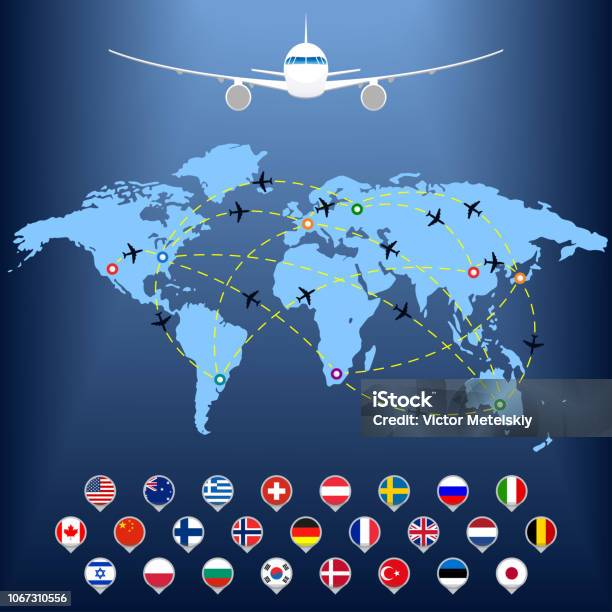Plane Routes Over World Map With Markers Or Map Pointers Travel By Airplane  Concept Flight Path Vector Illustration Stock Illustration - Download Image  Now - iStock