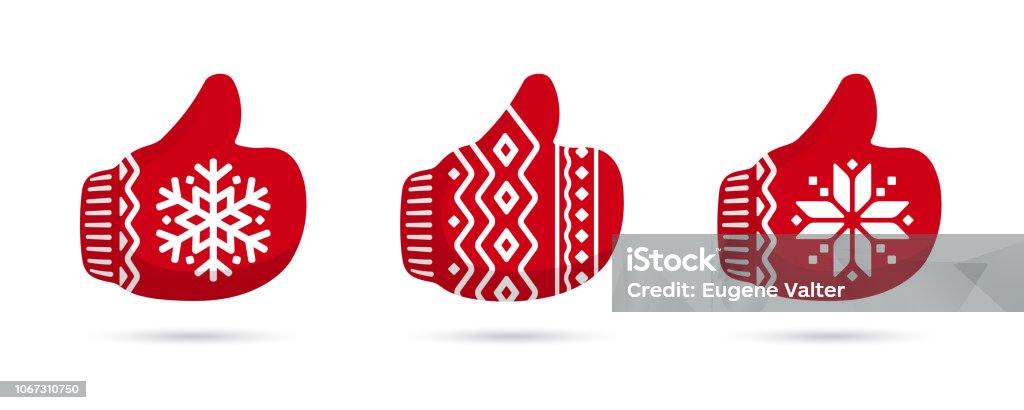 Thumbs up in christmas mittens vector icons. Like signs. Santa Claus like icon vector. Thumbs up in christmas mittens vector icons. Like signs. Santa Claus like icon vector. Red Christmas mittens isolated on white background. Santa Claus stock vector