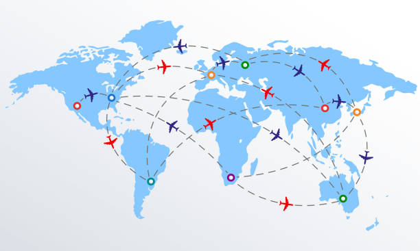 ilustrações de stock, clip art, desenhos animados e ícones de plane routes over world map with markers or map pointers. travel by airplane concept. flight path. vector illustration. - vector blue airport arrival departure board