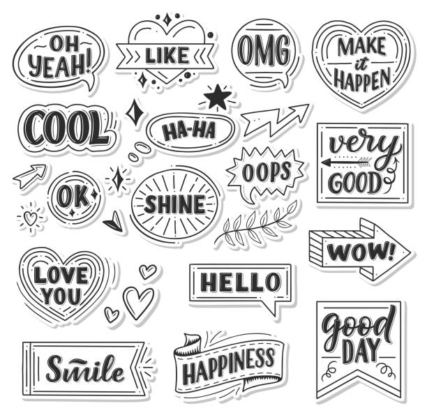 Vector stickers of quotes and sound blasts Quotes and sound blasts stickers. Vector sketch doodle icons, ribbons or arrows and banners or chat messages for Yeah, smile or hello and happiness greeting card or Wow and Oops with Like heart and Ok cool logo stock illustrations