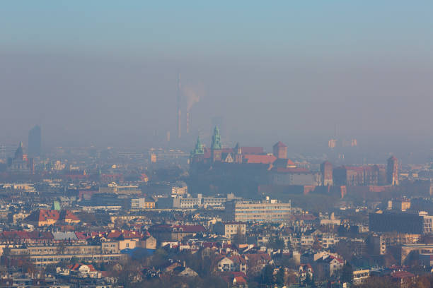 짙은 스모그 도시, 크라쿠프, 폴란드의 항공 보기 - road street nature malopolskie province 뉴스 사진 이미지