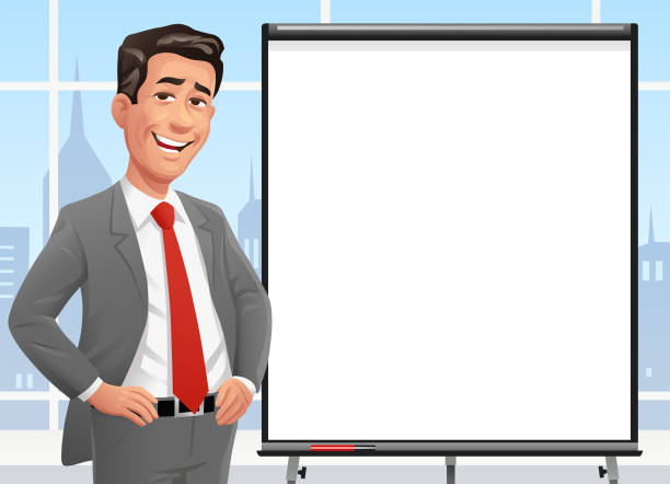 бизнесмен, стоящий на flipchart в офисе - men necktie office finance stock illustrations