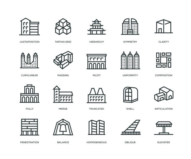 ilustrações de stock, clip art, desenhos animados e ícones de architecture icons - line series - symmetry black and white architecture contemporary