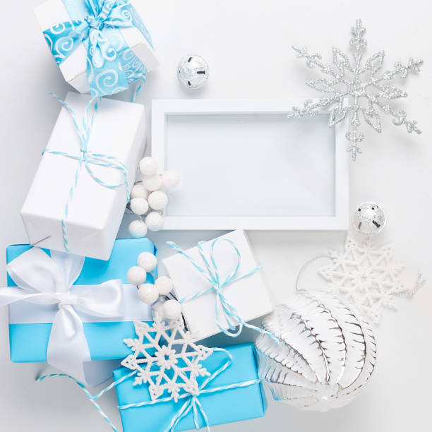 istock Christmas card with beautiful blue and white decorations 1067315532