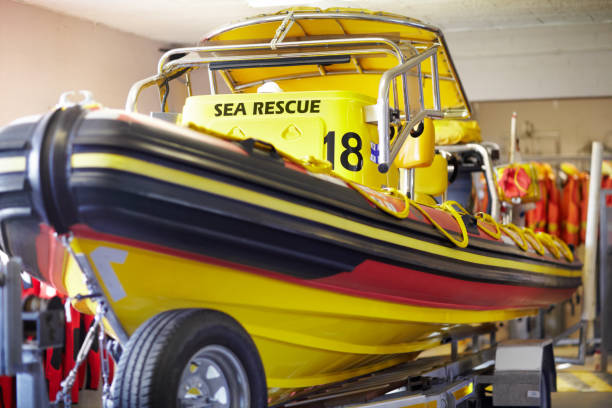Cropped shot of a sea rescue boat inside a lifeguard station