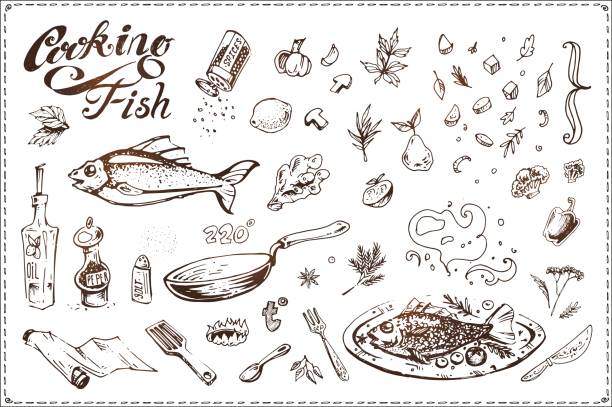 Fish cooking sketch drawn by hand with ink. Vintage vector icons for menu design and recipe books. Fish dish, frying pan, vegetables and seasoning illustrations isolated on white Fish cooking. Hand drawn vintage vector icons fish fry icon stock illustrations