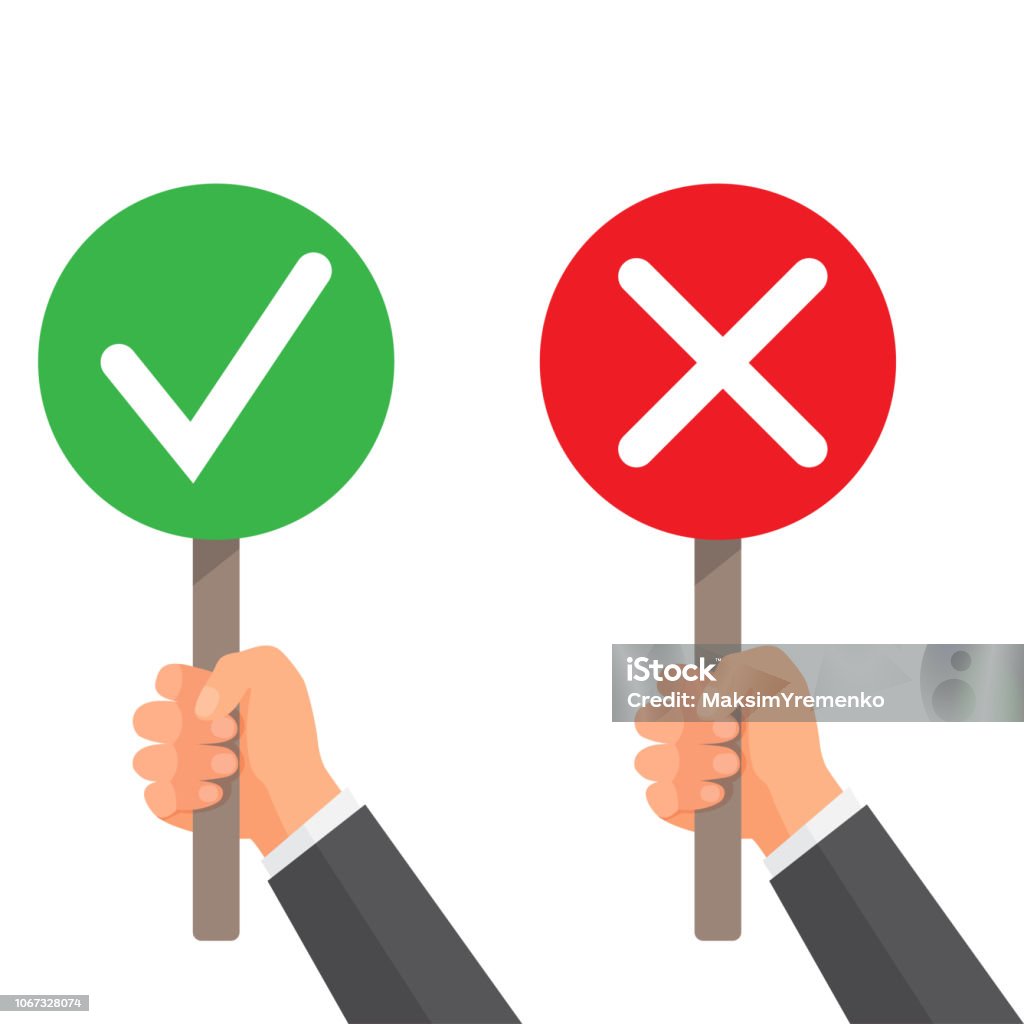 Man hand hold signboard green check mark and red X - Royalty-free Erro arte vetorial