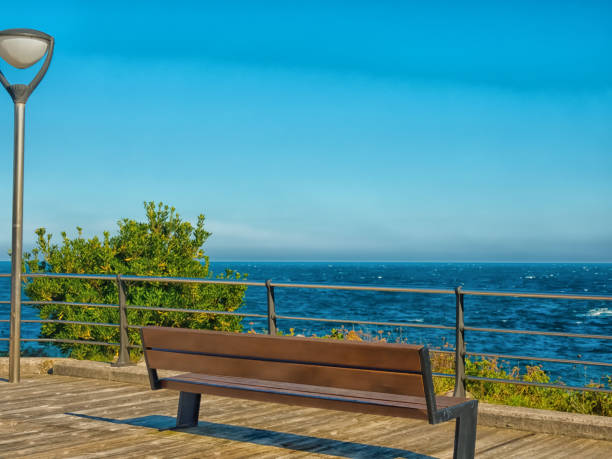 istock Empty bench under a street lamp overlooking the sea 1067328142