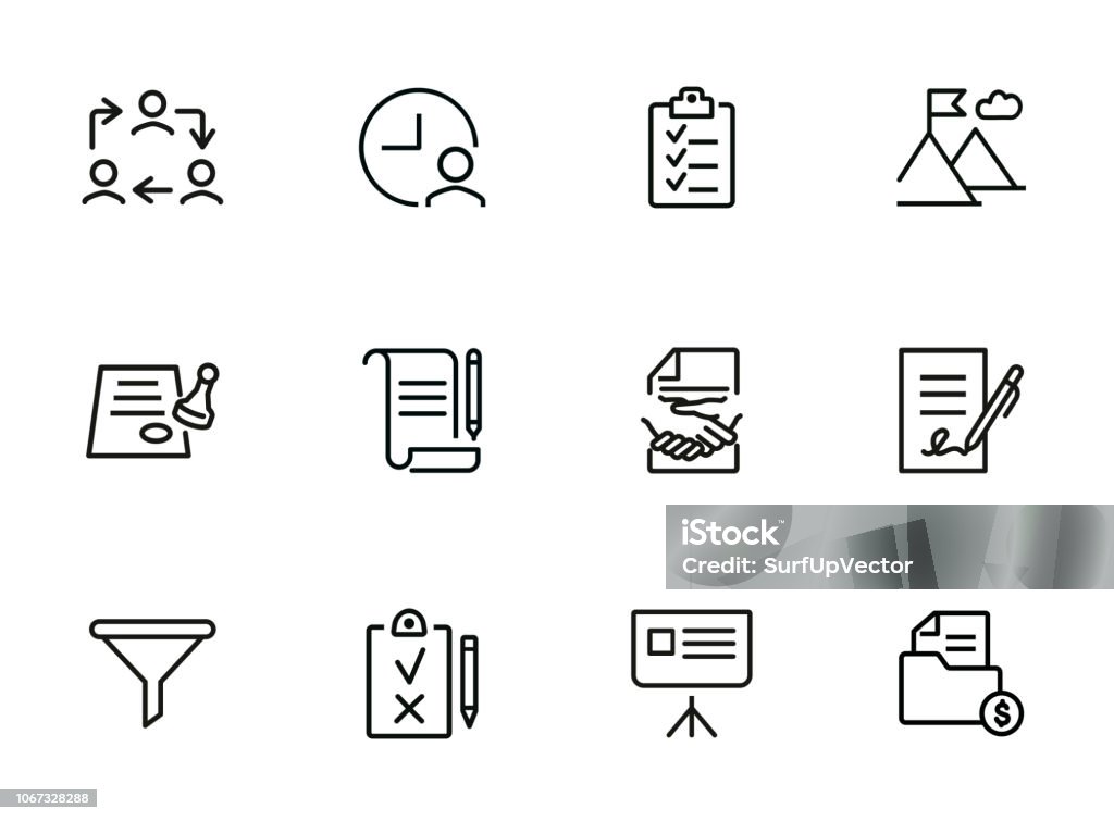 Dealing line icon set Dealing line icon set. Funnel, contract signing, handshake. Business concept. Can be used for topics like agreement, paperwork, money making Icon Symbol stock vector