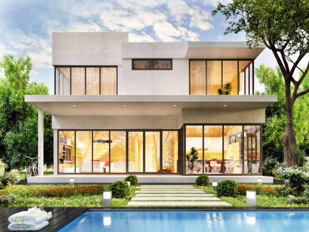 casa moderna con piscina - house residential structure building exterior comfortable fotografías e imágenes de stock