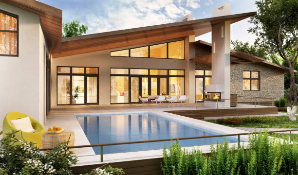 grande casa moderna con piscina - building place foto e immagini stock