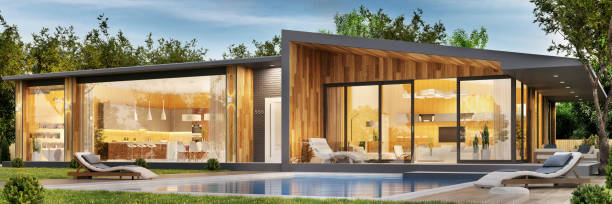 istock Exterior and interior design of a modern house with a pool 1067331622