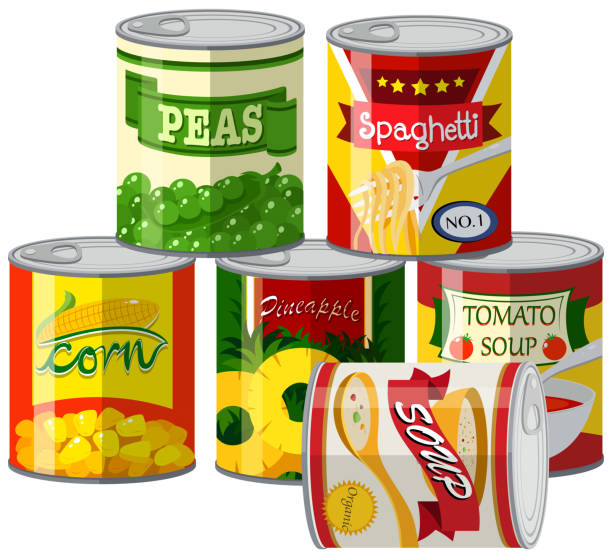 illustrazioni stock, clip art, cartoni animati e icone di tendenza di set di cibi in scatola - canned food