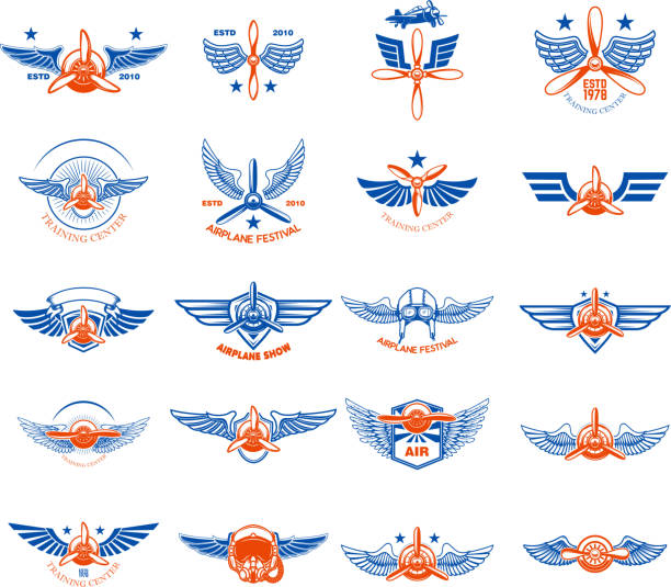 ilustraciones, imágenes clip art, dibujos animados e iconos de stock de conjunto de emblemas de avión vintage. elementos de diseño para la etiqueta, letrero, menú. - ala de avión