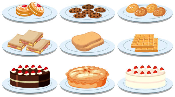 reihe von verschiedenen lebensmitteln - waffel kuchen und süßwaren stock-grafiken, -clipart, -cartoons und -symbole