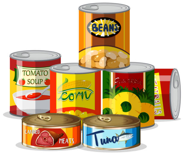 ilustrações, clipart, desenhos animados e ícones de conjunto de comida enlatada - can packaging tuna food