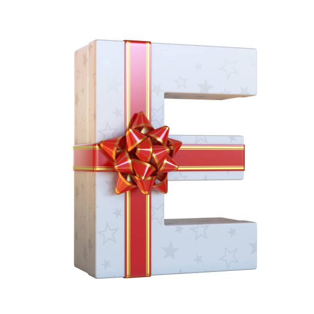 Gift box with red ribbon bow 3d font E Gift box with red ribbon bow 3d font, present alphabet 3d rendering, letter  E isolated illustration 3d red letter e stock pictures, royalty-free photos & images