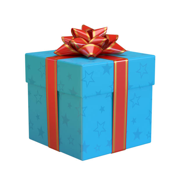 istock Blue gift box with the red bow and ribbon, white present 3d rendering 1067351284