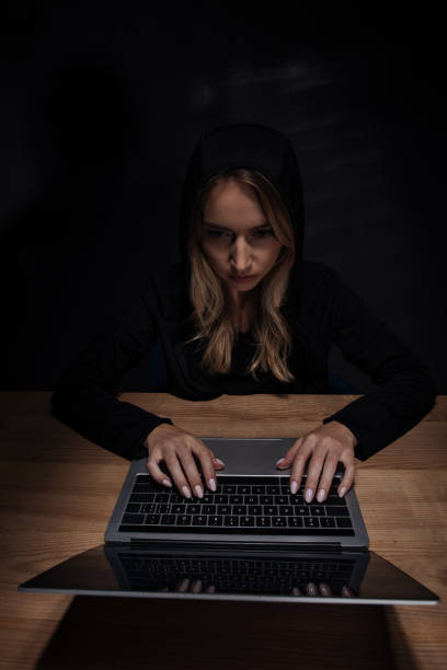 istock woman in black hoodie using laptop, cyber security concept 1067352240