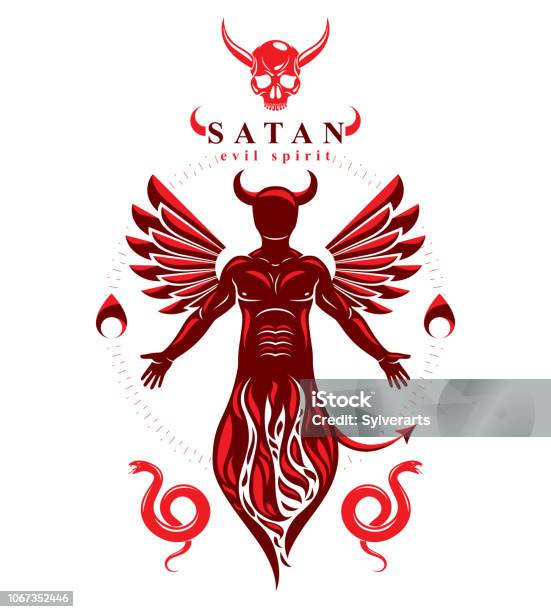 Vector Illustration Of Human Horned Frightening Creature Made With Bird Wings Evil Spirit Flame Demon Stock Illustration - Download Image Now