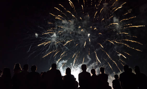 istock New year concept - cheering crowd and fireworks 1067353790