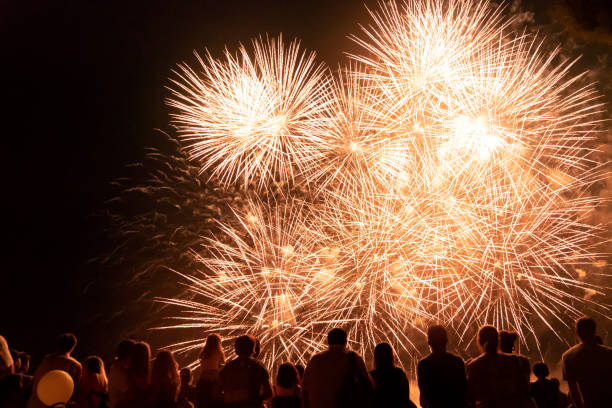 istock New year concept - cheering crowd and fireworks 1067353968