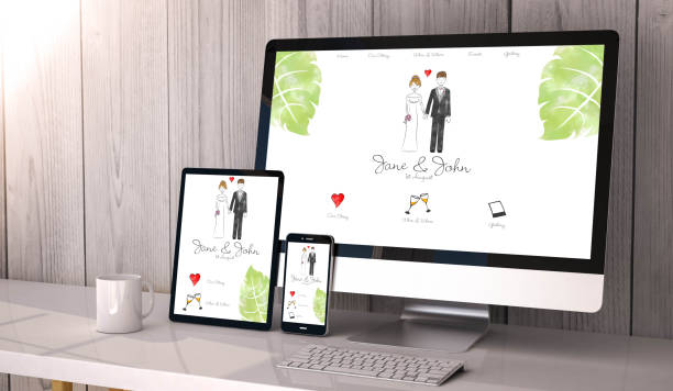 devices responsive on workspace wedding website design Digital generated devices on desktop, responsive wedding website design on screen. All screen graphics are made up. 3d rendering. wedding website stock pictures, royalty-free photos & images