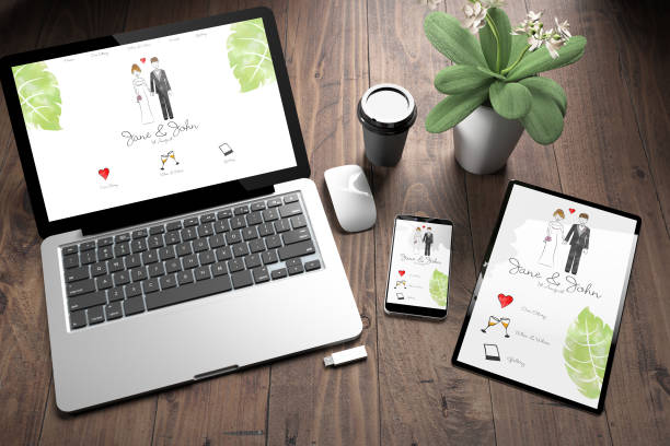 istock three devices on wooden desk top view wedding website 1067355064