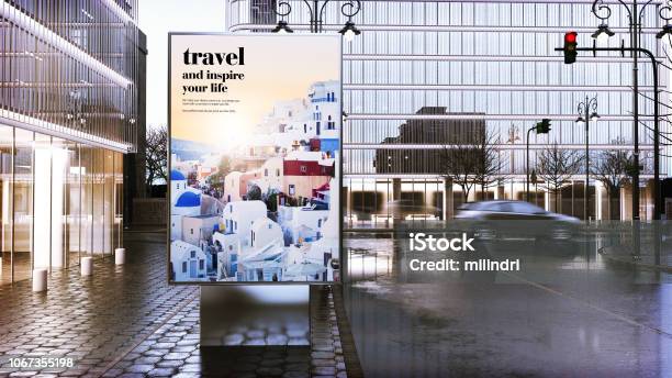 Travel Advertising Billboard On City Downtown Stock Photo - Download Image Now - Advertisement, Outdoors, Billboard