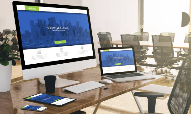 istock computer, laptop, tablet, and phone with fresh modern design at office mockup 1067358376