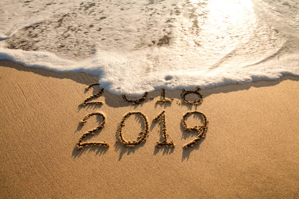 istock New year 2019 and old year 2018 written on sandy beach with waves 1067362342