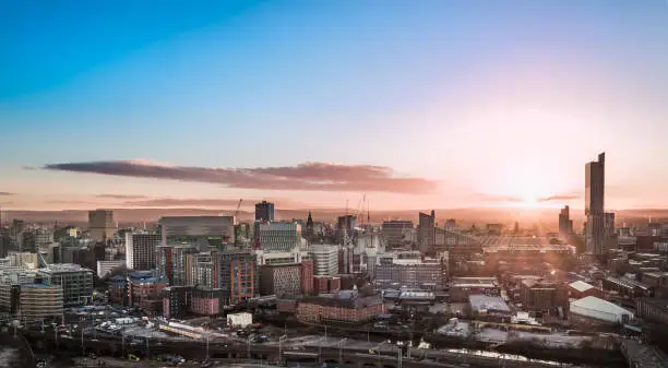 Aerial View of the Manchester Skyline at Sunrise
