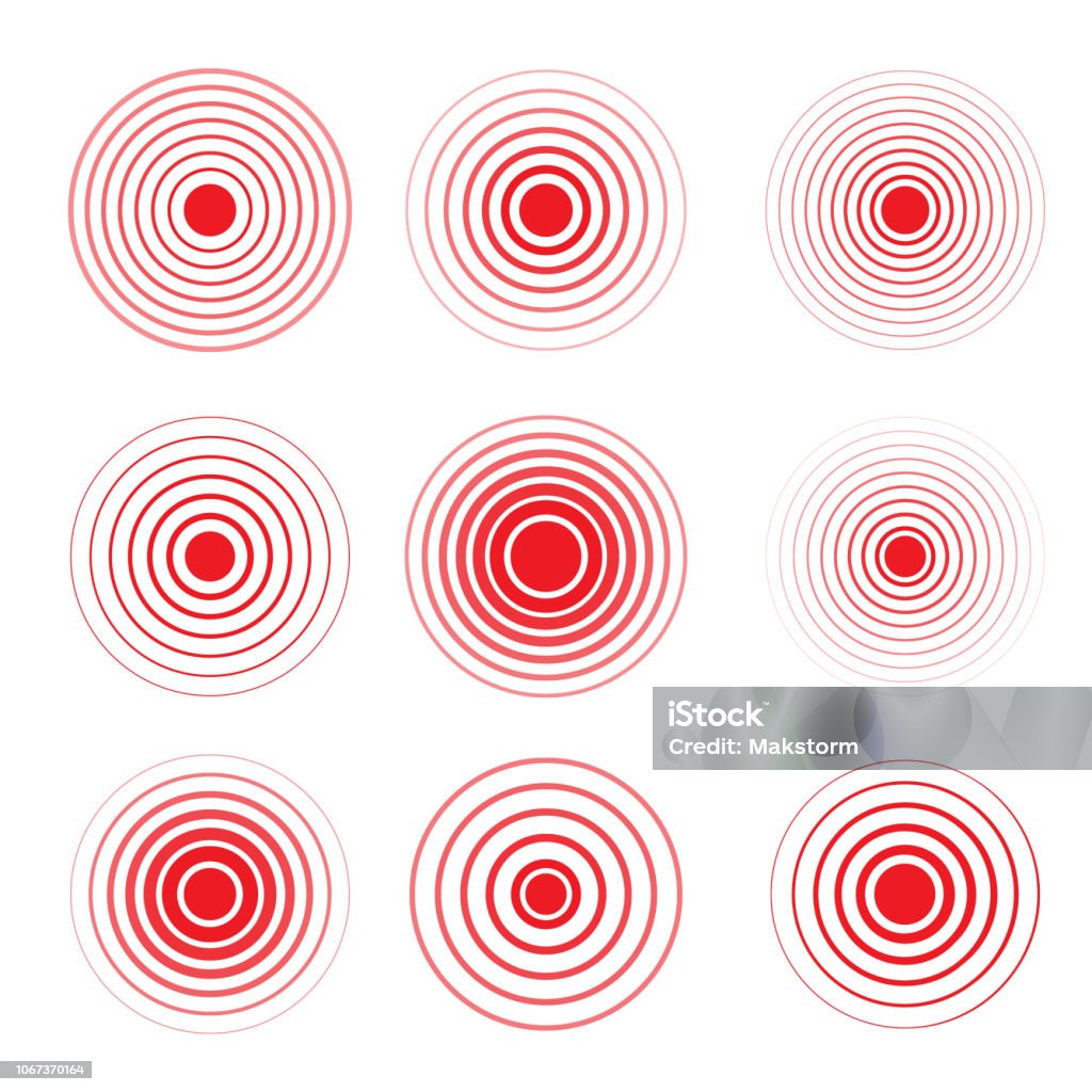 Red rings of pain to indicate localization of pain in different parts of the human body Vector set of medical icons to illustrate radial target problems. Red rings of pain to indicate localization of pain in different parts of the human body such as the back, neck, head, back and others. Muscle stock vector