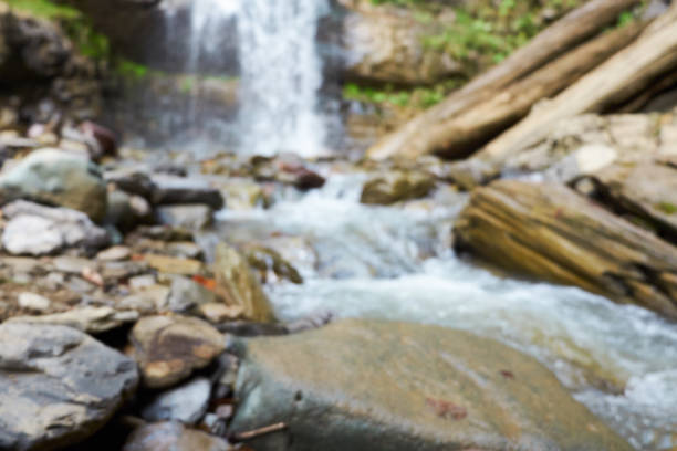 blurred waterfall spring background. beautiful nature with fresh green plants and water.