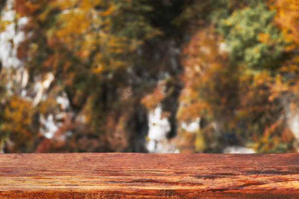 istock Autumn bokeh background with wooden plank in focus. Blurred fall nature with brown table 1067370682
