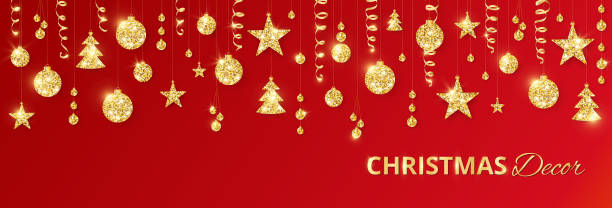 istock Christmas golden decoration on red background. Holiday vector frame, border. 1067376370