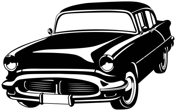 illustrazioni stock, clip art, cartoni animati e icone di tendenza di auto d'epoca vettore americano - hood car headlight bumper