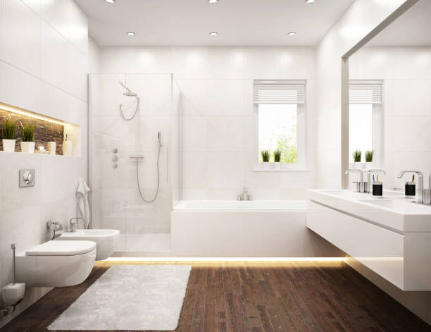 bagno di design moderno bianco - tiled floor tile floor clean foto e immagini stock